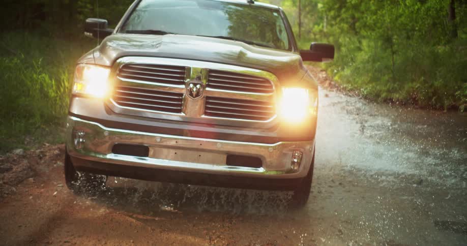 Pickup truck driving through a flooded road surrounded by dense vegetation