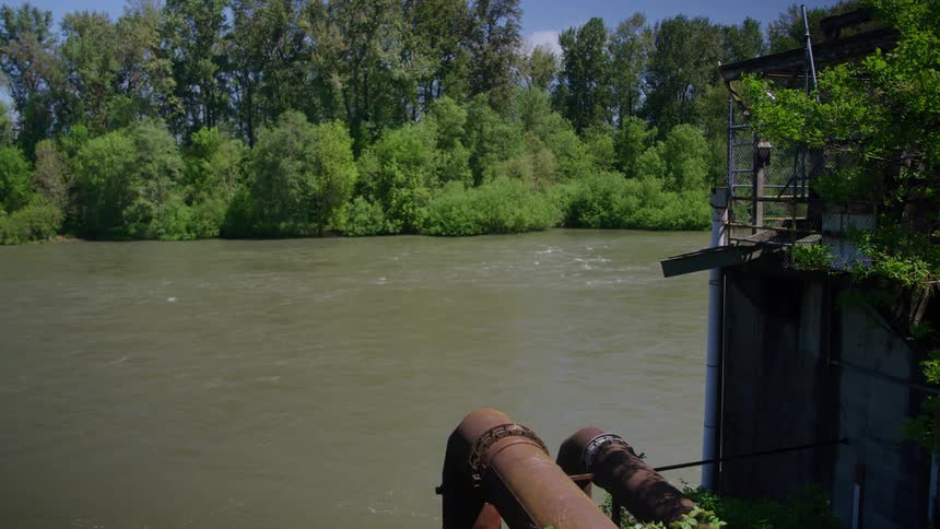 A wide greenish river flows past dense riverside trees under a bright sky while rusty industrial pipes and a small platformed building jut from the right bank
