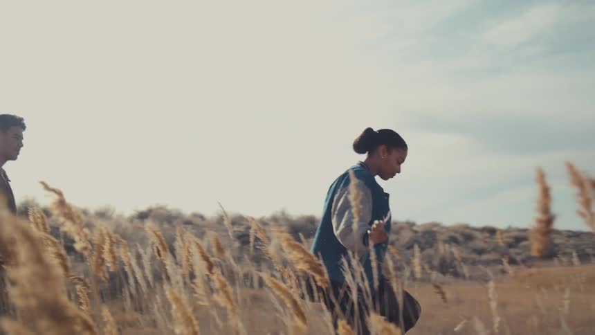 Couple walks through a field of tall dry grass under a bright sky