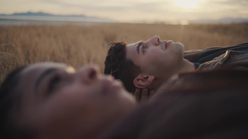 Couple lies in tall dry grass gazing at the sky at sunset
