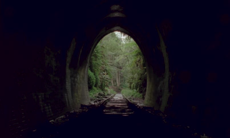 A train track passes through a tunnel at midday emerging into a forested area where the rest of the track winds through the trees