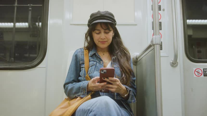 Young woman wearing a black cap and denim clothes sitting on the subway using a smartphone indoors