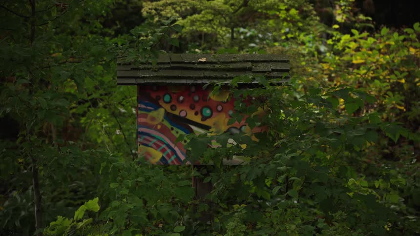 Wooden structure with colorful painting surrounded by dense green foliage