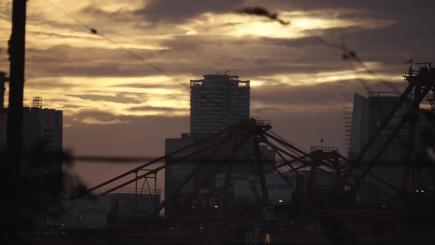Cranes and buildings stand out against the golden sky of the urban sunset