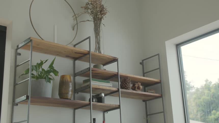 The video clip is an interior shot of a modern room with a lightcolored wall and large window a wooden shelf unit with metal framing holds various decorative objects including dried flowers and potted plants
