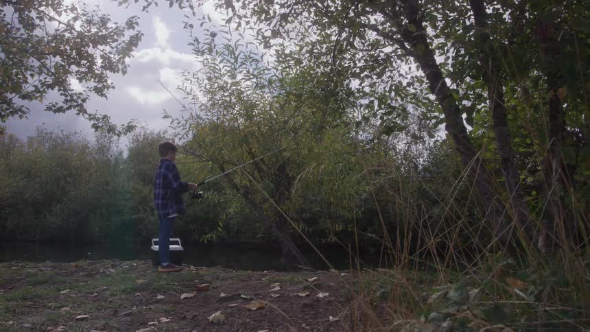The child is fishing on a sunny day
