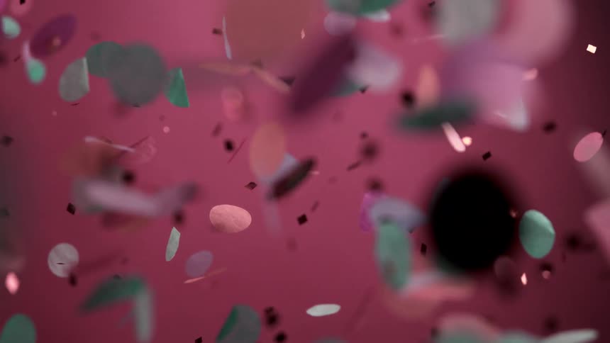 Colorful confetti floats against a vibrant pink background