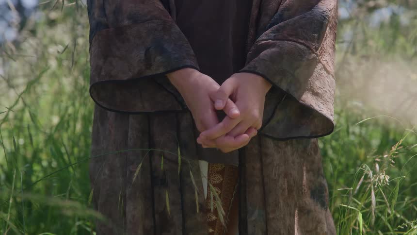 A person wearing a long dark brown flowing robe stands in a field of tall green grass with hands clasped together in front of the body