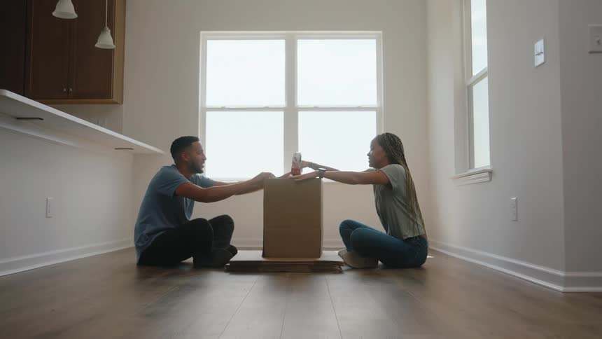The video shows a young couple sitting on the wooden floor of a bright empty room working together to secure a cardboard moving box they are facing each other across the box with their hands placed on it suggesting they are either packing up to move o