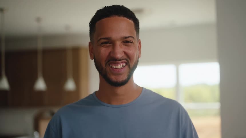 A man in a kitchen smiles at the camera