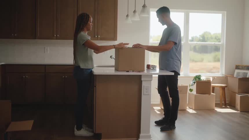 The video shows a man and a woman in a kitchendining area surrounded by moving boxesthe man and woman are on opposite sides of a kitchen island and they appear to be working together to close and seal a cardboard box placed on the island