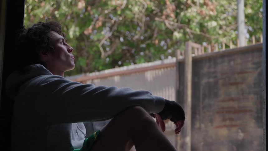 Boxer sits thoughtfully looking outside after an intense training session