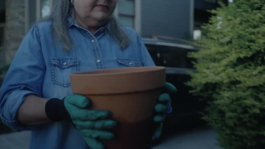 A woman walks while holding a terracotta plant pot on a lawn