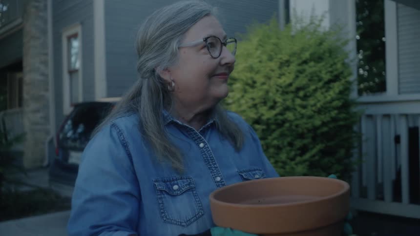 Smiling woman walks holding a terracotta pot on a lawn