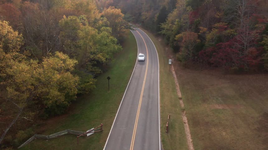 Car drives along a winding road surrounded by autumn foliage