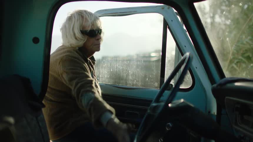 A woman walks towards a truck door on a windy day