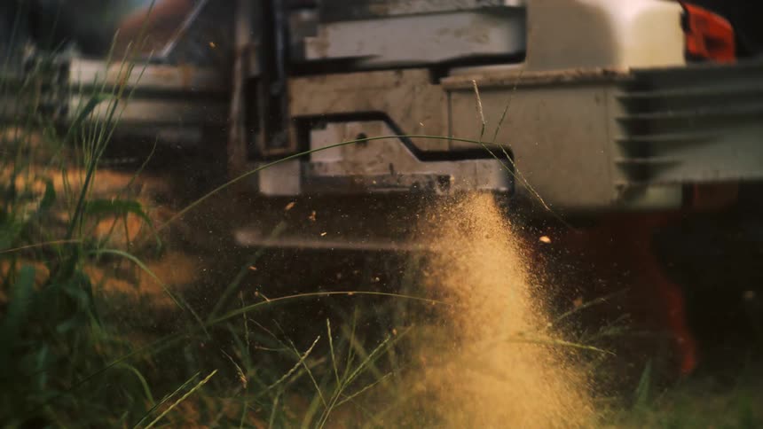 Chainsaw cuts wood scattering sawdust across the grass