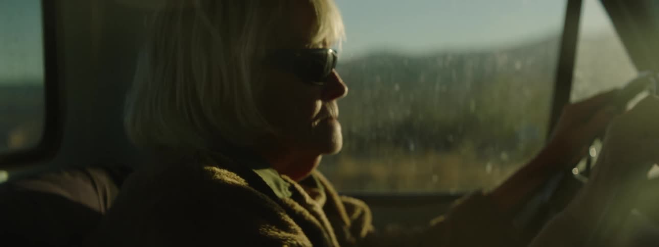 A woman rides in a vehicle at sunset