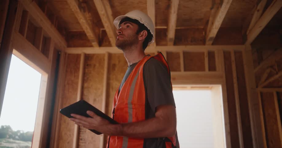 A worker stands inside a building