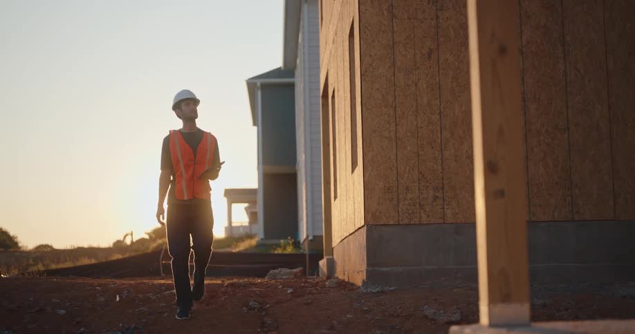 A construction worker in an orange vest and white hard hat walks a dusty site at sunset beside a house under construction