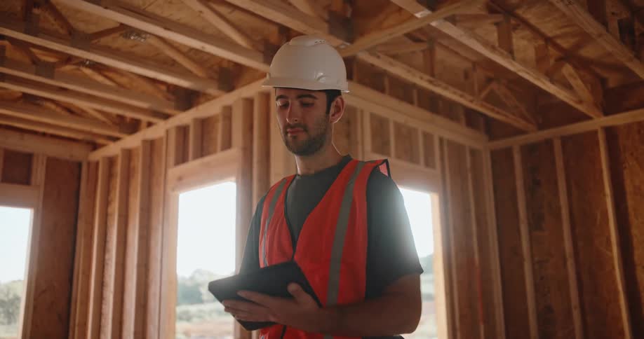 A construction worker in a white hardhat and an orange safety vest stands in the wooden framing of a house looking down at a tablet computer as he reviews plans