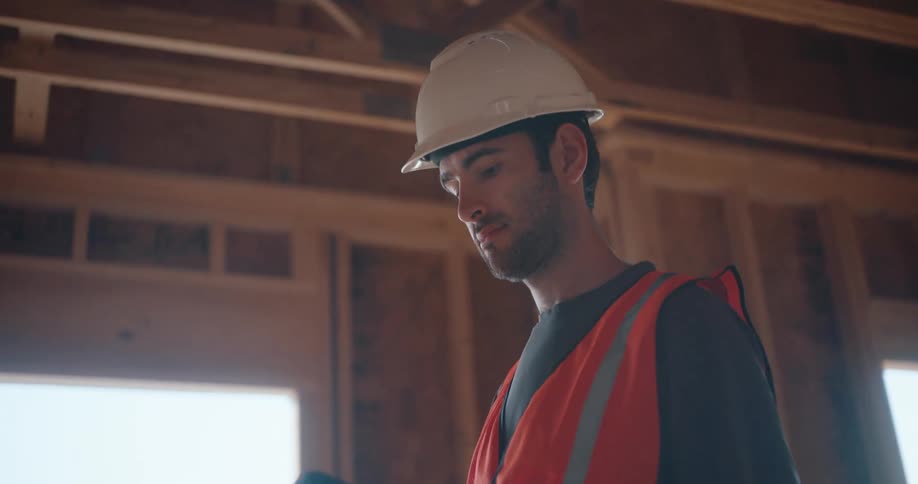 A man wearing a white helmet and an orange reflective vest stands inside the wooden framework of an incomplete building holding a tablet and looking down to interact with the device