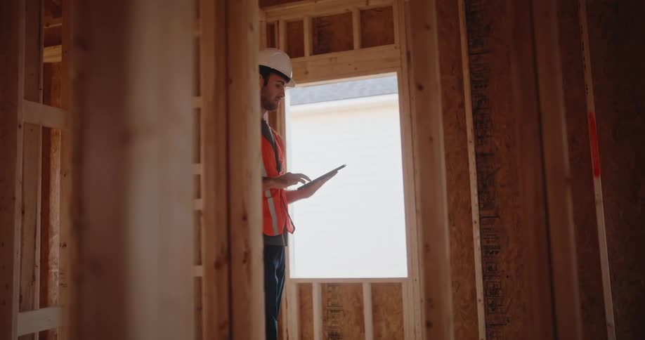 A medium view shows a construction worker wearing a white hardhat and an orange safety vest inspecting a tablet computer while standing surrounded by the framing of a house under construction