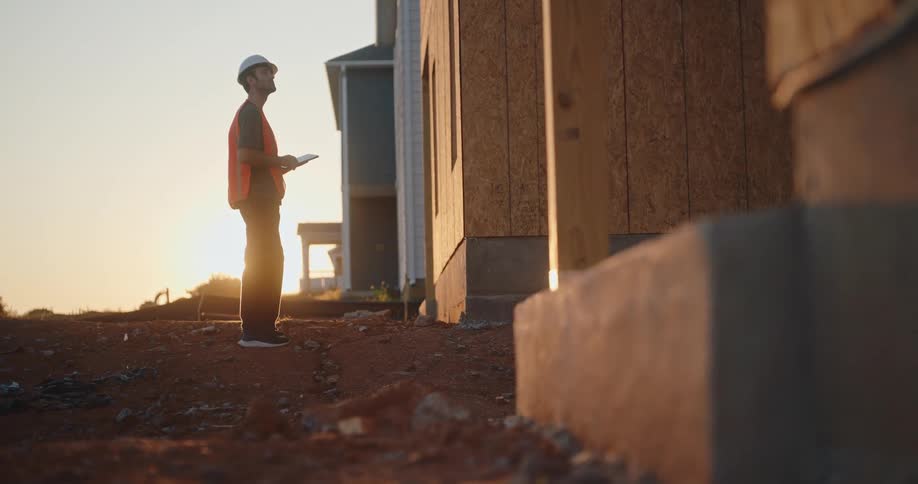 A young male construction worker inspecting a building under construction outdoors at dusk