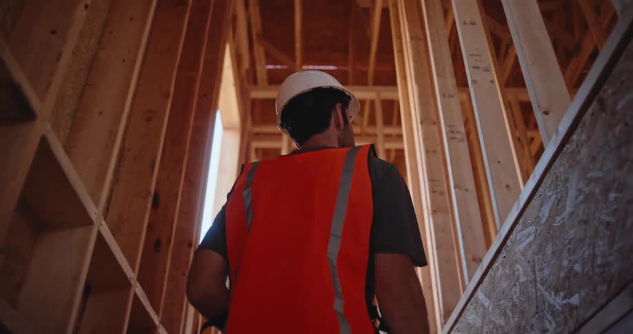 A male construction worker climbing the stairs in a building under construction during daytime