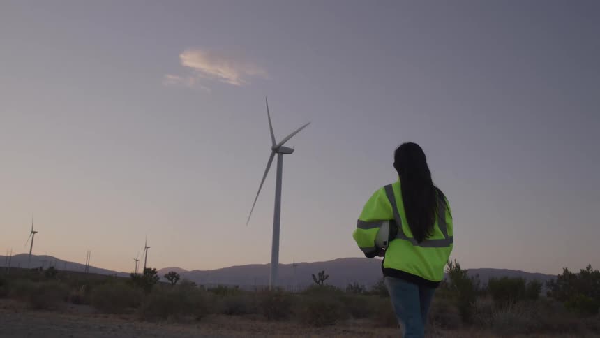 A woman walks along a dirt road toward a wind farm at dusk