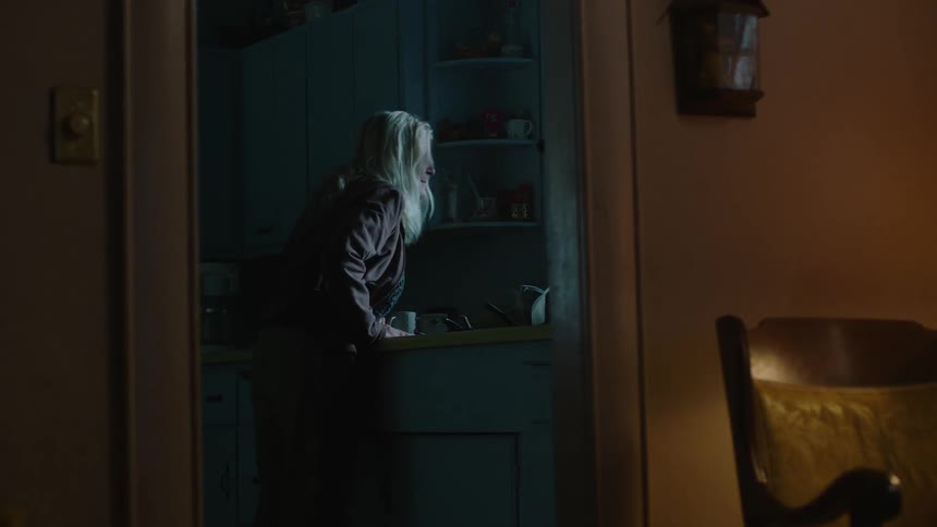 A woman peeks out the window of her kitchen