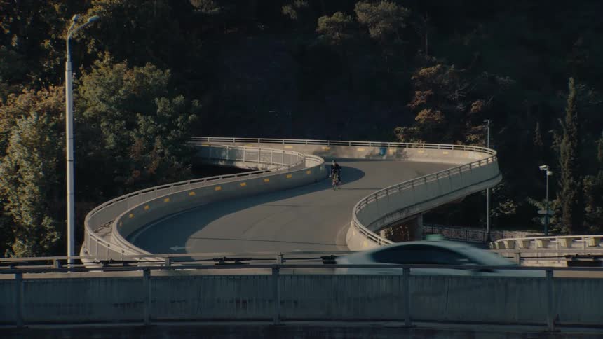 Cyclist rides along an elevated curved road surrounded by trees