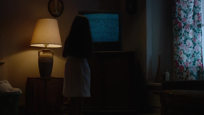 A girl walks up to a television and vanishes