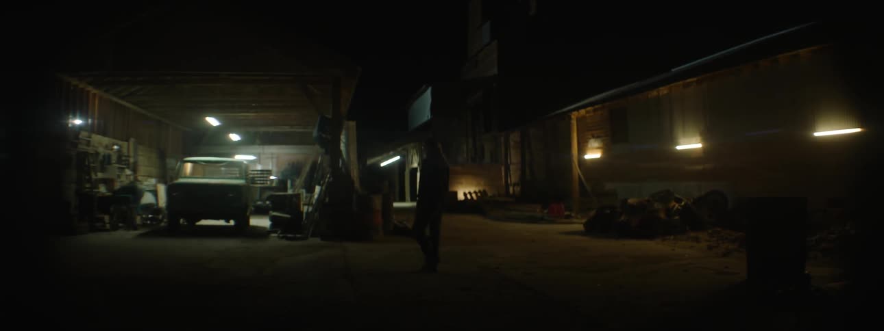 A person walks out to the garage at night