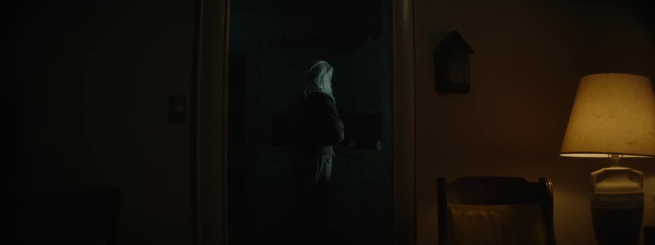 An elder woman looking around in her kitchen and looking out the windows