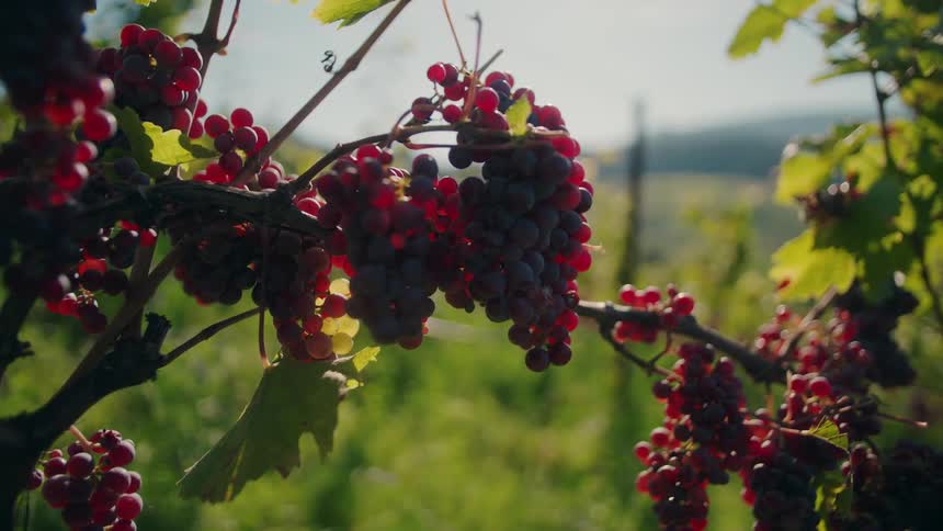 Red grapes hang from the vines