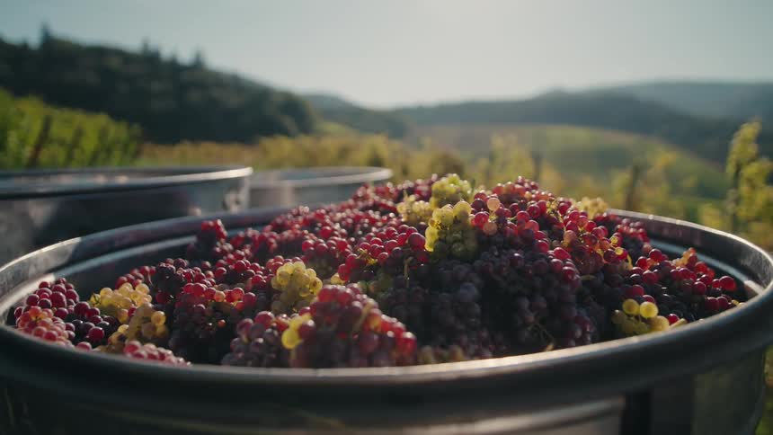 Close up of a metal container filled with grapes outdoors in a vineyard during daytime