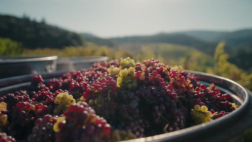 Baskets full of colorful grapes under sunlight among vineyards