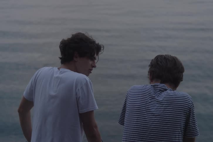 Two men watching the sea at dusk