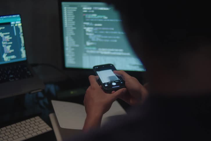 A man sitting in a dark room and actively typing on a keyboard while looking at two glowing monitors displaying lines of code occasionally stopping to pick up and look at a smartphone held over an open notebook