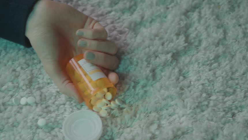 Fallen hand holds an open bottle with scattered pills on the carpet
