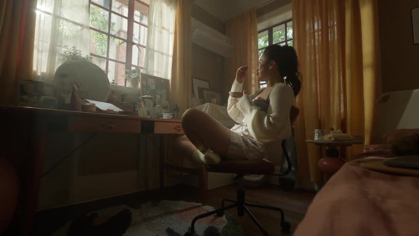 A teenage girl sits in an office chair with feet elevated while holding a bowl and eating something and simultaneously starts laughing in a bedroom setting