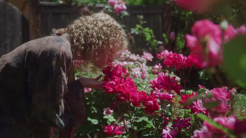 Curlyhaired person leaning in to smell pink flowers in a sunlit garden