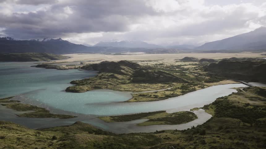 A river curling through rocky hills