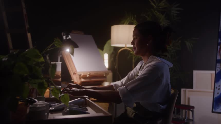 A young woman sits behind a desk in an office studio typing on a laptop with focused attention