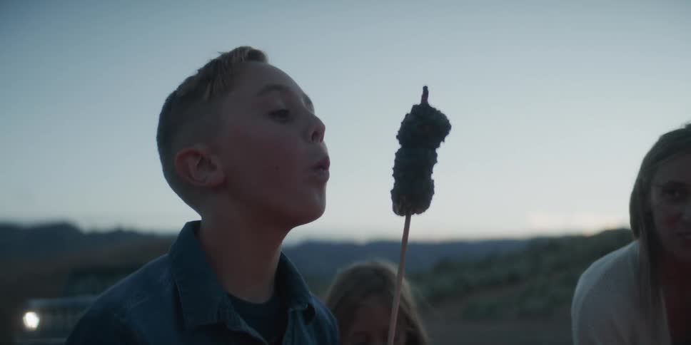 The boy blows on the roasted marshmallows while camping