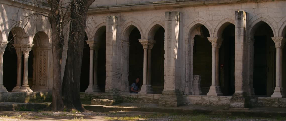 Woman seated among gothic columns contemplates historic setting amid shadows and greenery