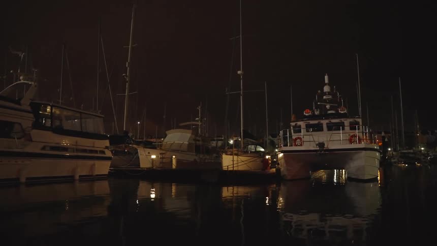 Docked boats reflect lights on calm waters in nighttime marina