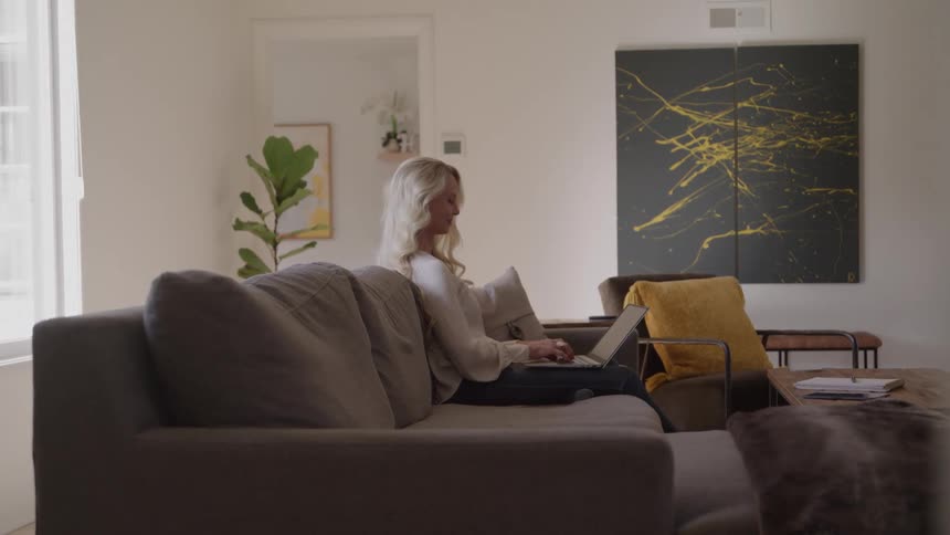 Woman seated on gray sofa uses laptop in welllit room with abstract painting and plant in the background