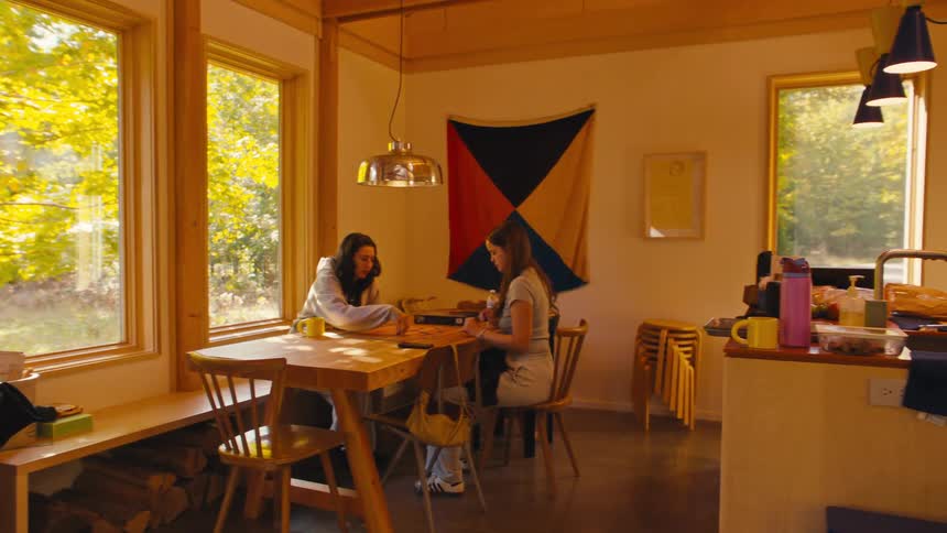 Two young women sit at the dining table playing a game while a young woman and a young man stand by the stove preparing a meal sunlight streams through the windows revealing a house nestled among trees at midday